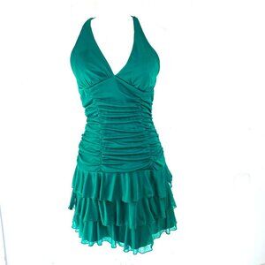 Vintage Y2K XOXO Made in USA Emerald Green Ruffle Tiered Halter Dress